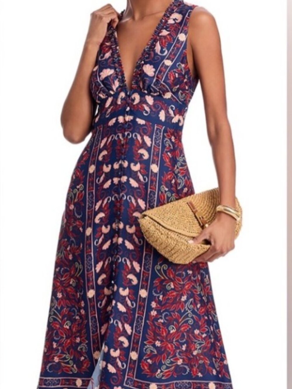 NWT FARM Rio Boho Floral Scarf Midi Dress in Navy Blue. Size L